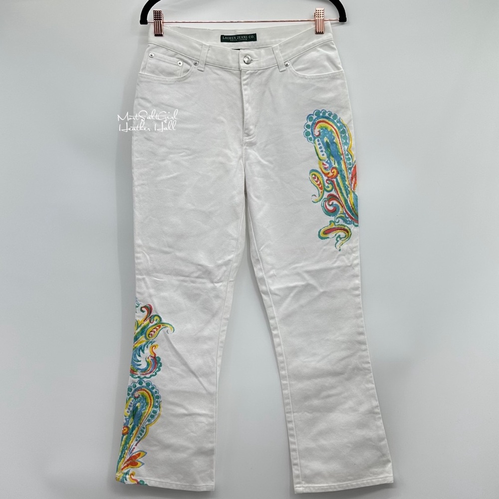 Lauren Ralph Lauren White Paisley Print Flare Fit Denim Jeans Size 29